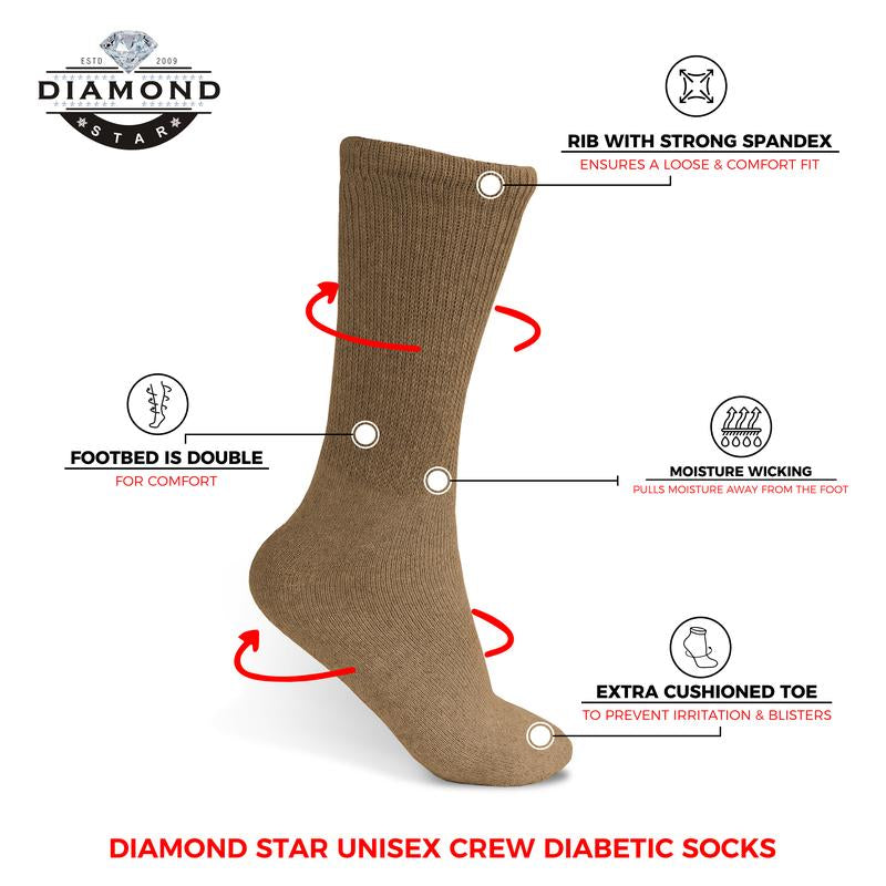 DIAMOND STAR Wholesale Bulk Lots Diabetic Socks, Non-Binding Circulatory Cushion Cotton Crew Diabetic Socks for Men Women Menswear 1-5 Dozen